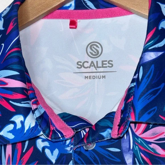 Scales Polo Shirt Mens M Blue Pink Floral Performance Stretch Golf Activewear - Picture 2 of 12